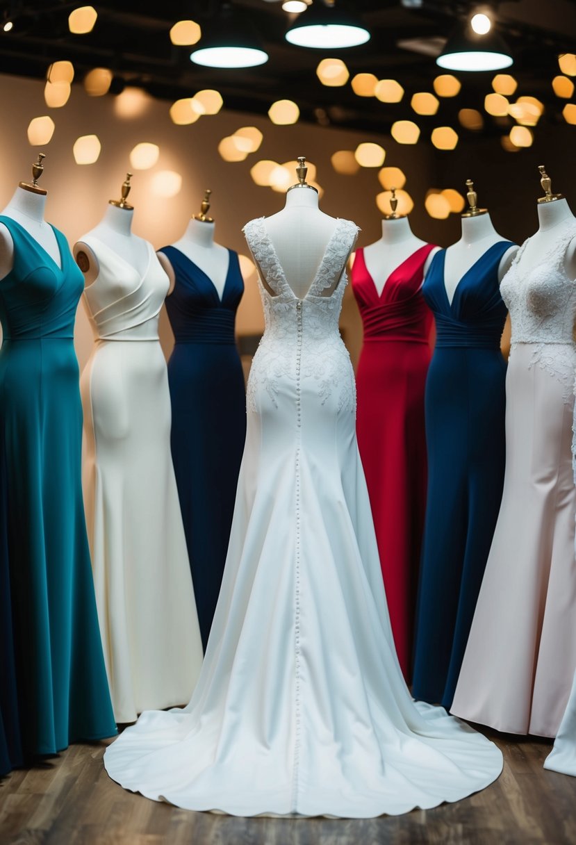 A group of A-line wedding gowns in various colors and fabrics, displayed on mannequins to showcase their flattering silhouette for all body types