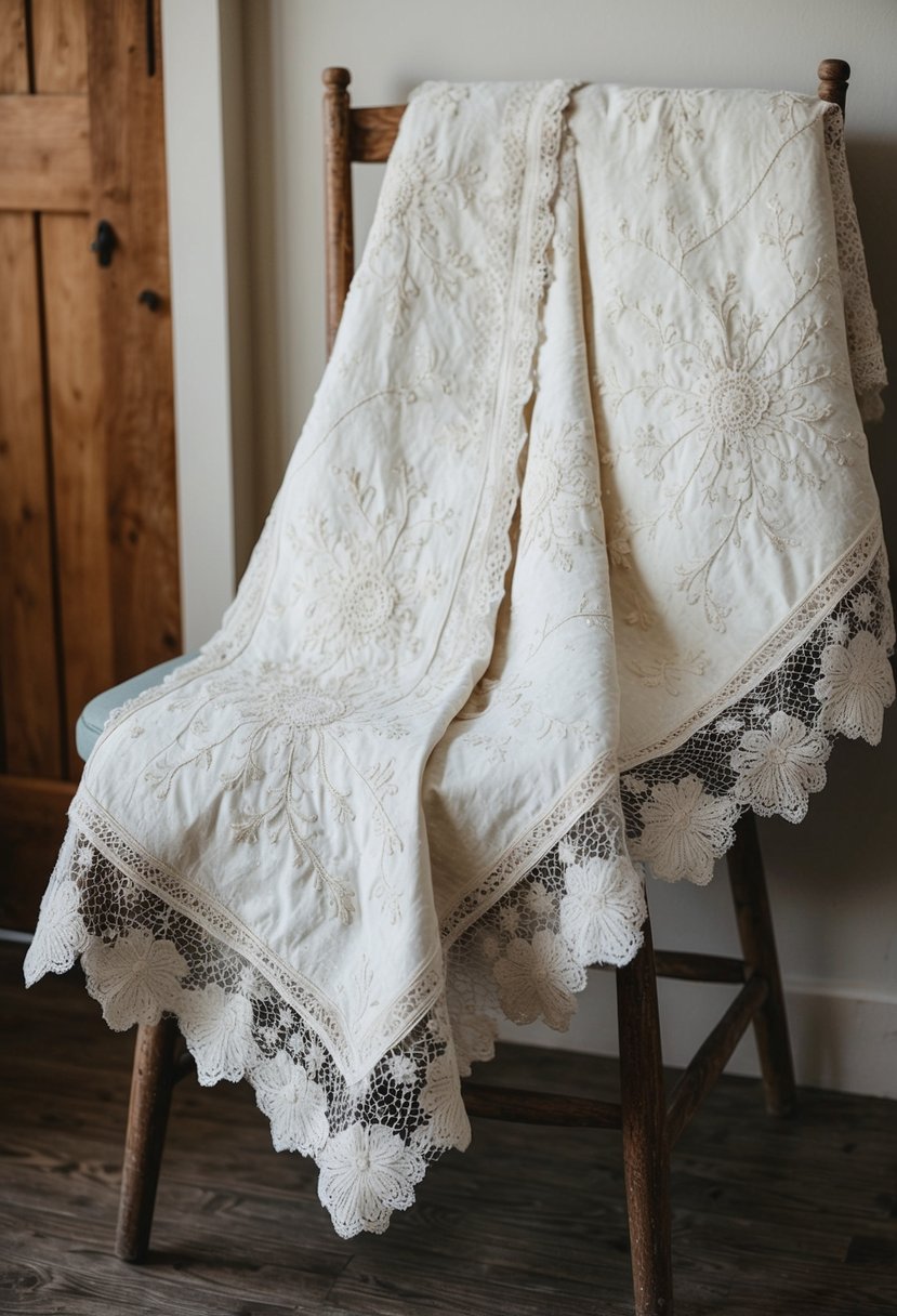 A wedding dress quilt made from a vintage 40-year-old lace wedding dress, with delicate floral patterns and intricate beadwork, draped over a rustic wooden chair