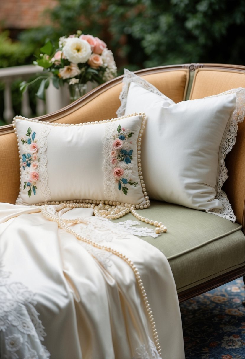 A vintage wedding dress draped over a chaise lounge with custom throw pillows featuring lace, pearls, and floral accents