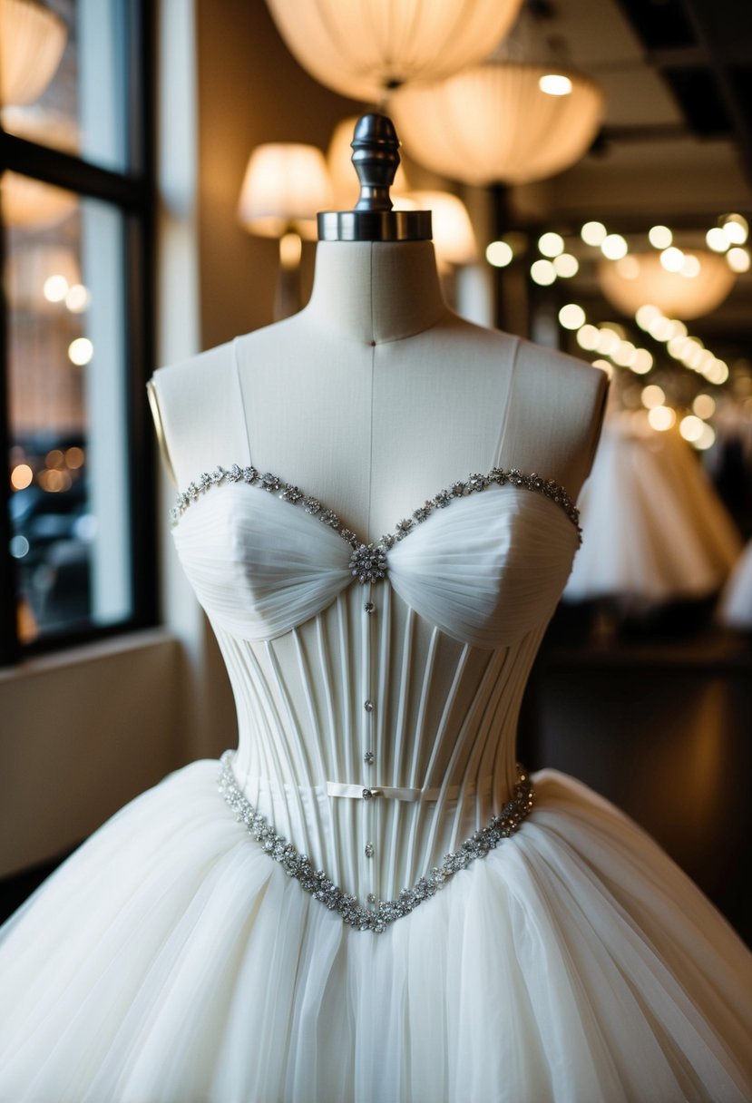 A mannequin adorned in a voluminous wedding gown with a structured boned bodice for added support