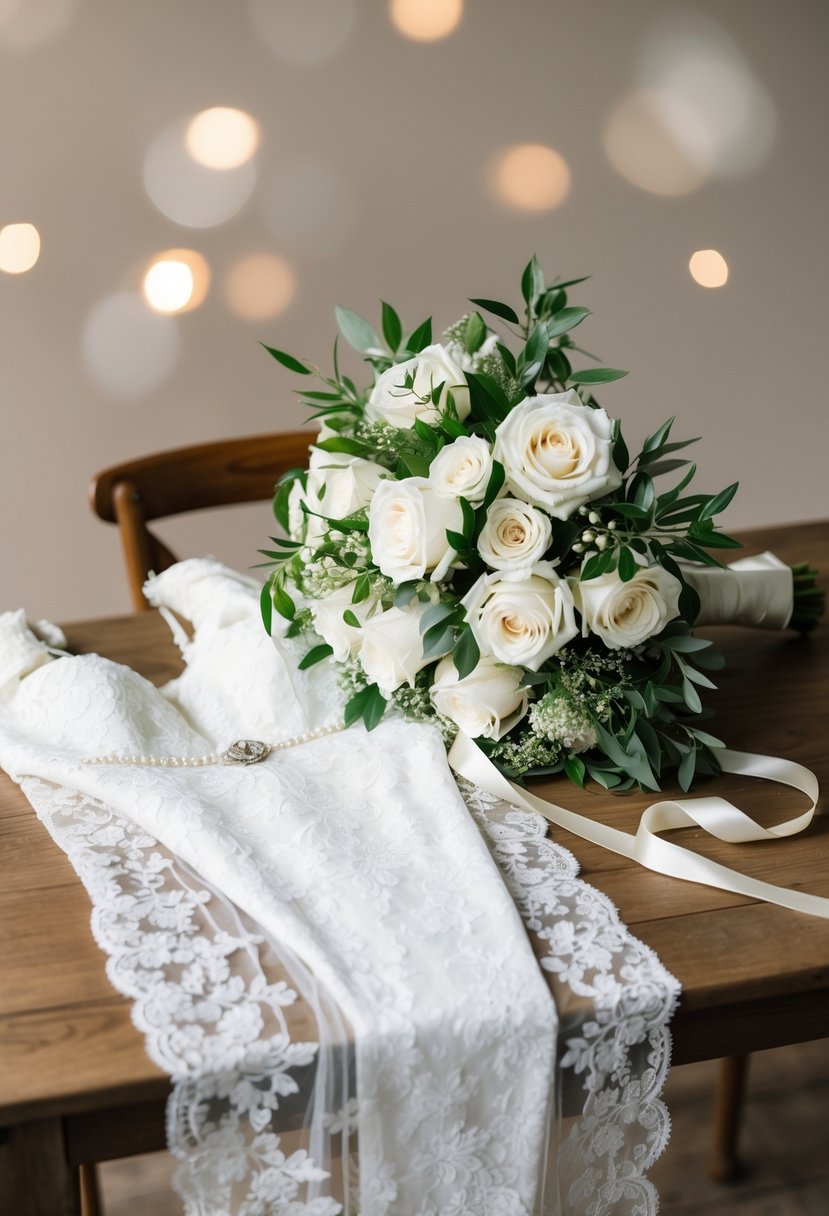 A vintage lace wedding dress draped over a wooden table, with a bouquet of white roses and greenery wrapped in delicate ivory ribbon