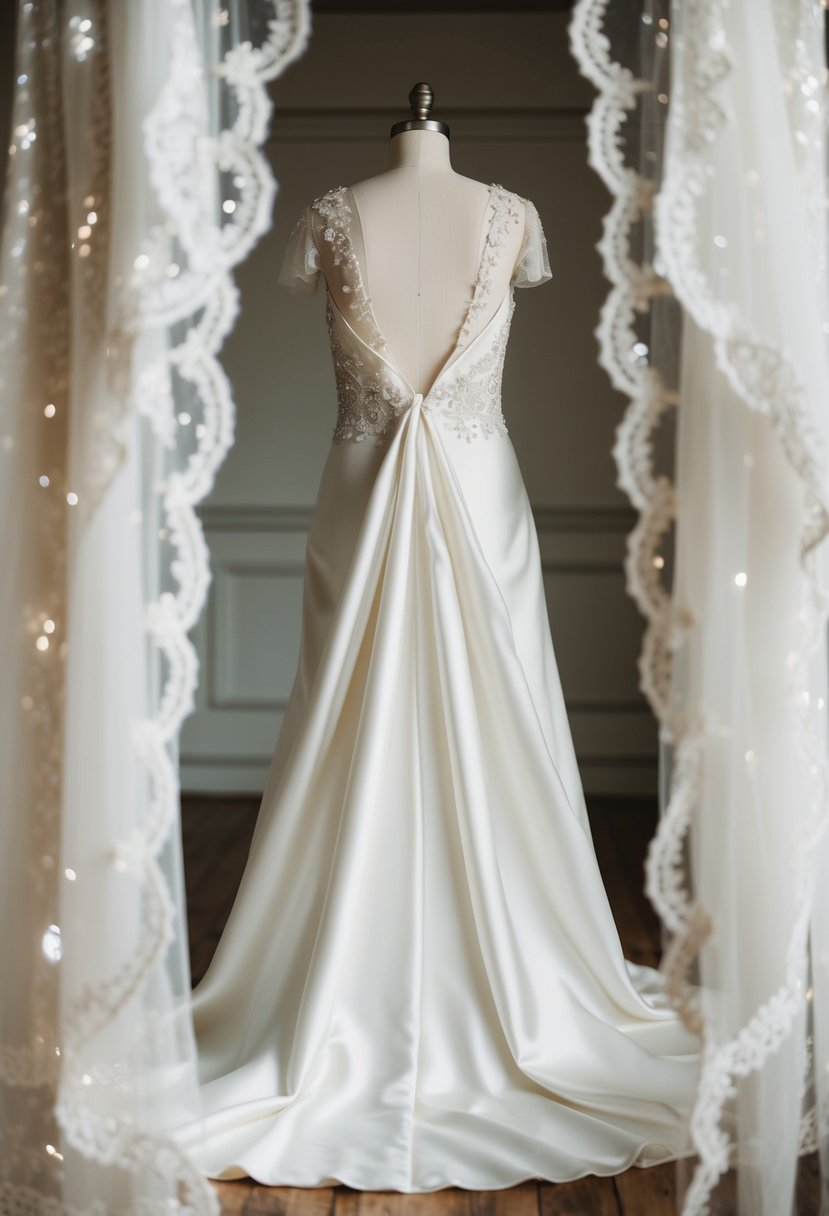 A flowing satin wedding dress draped over a mannequin, surrounded by delicate lace and sparkling beadwork