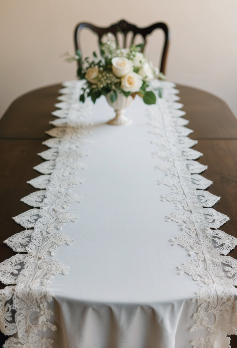 A vintage wedding dress transformed into an elegant table runner, adorned with delicate lace and intricate embroidery