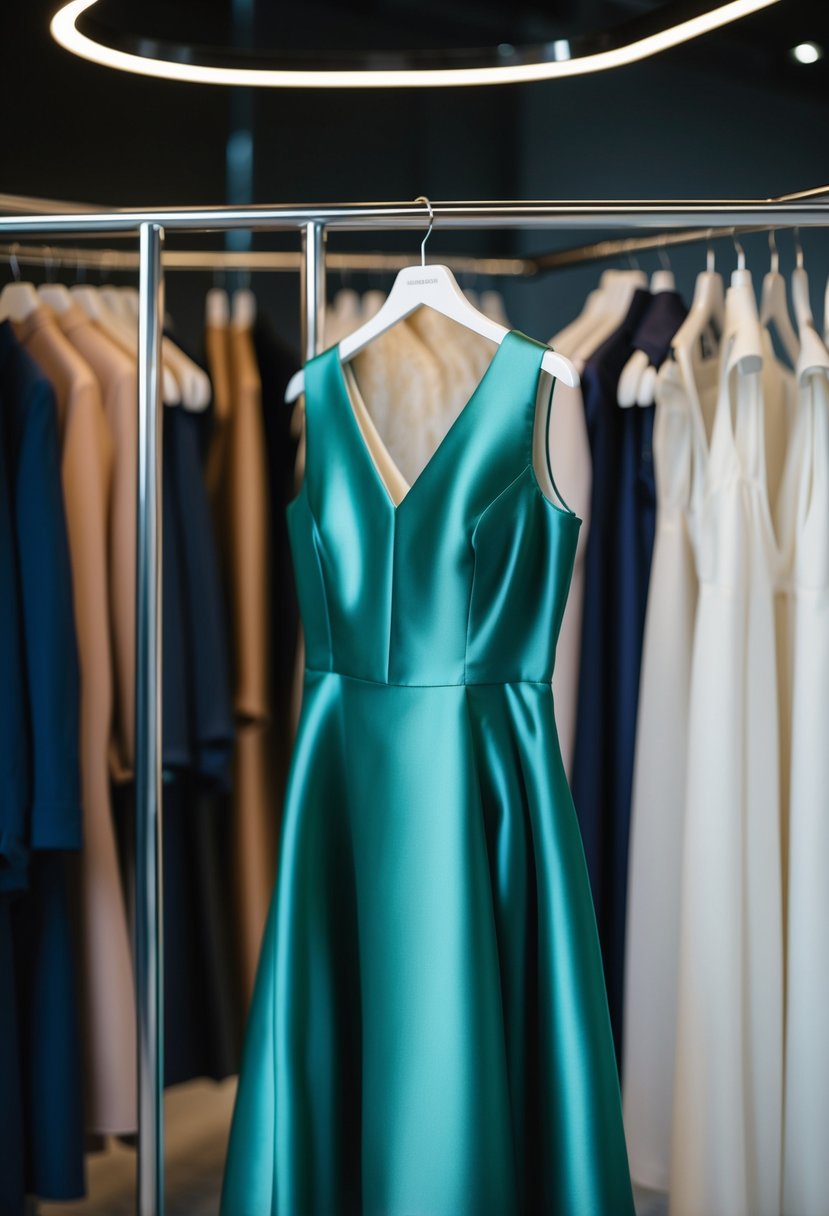 A satin A-line dress hanging on a sleek, modern clothing rack