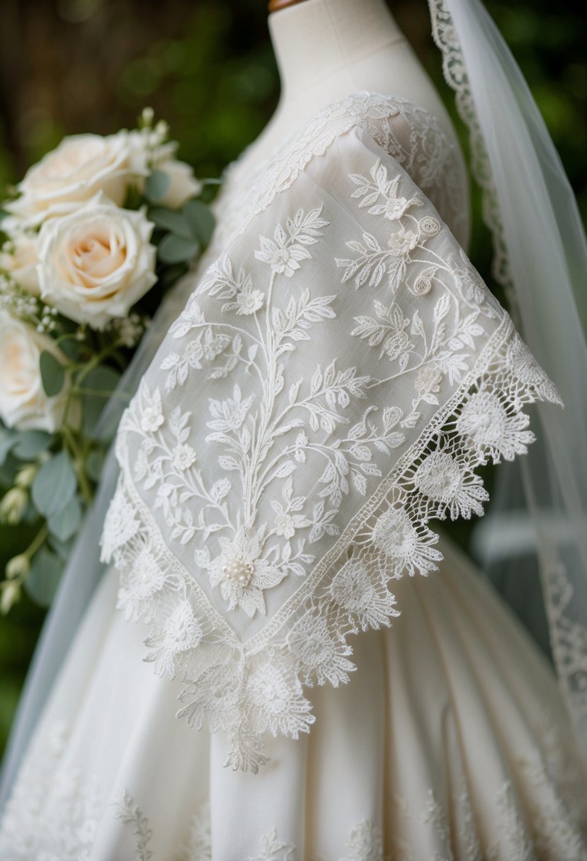 A lace handkerchief draped over a vintage wedding dress, adorned with delicate embroidery and intricate lace details