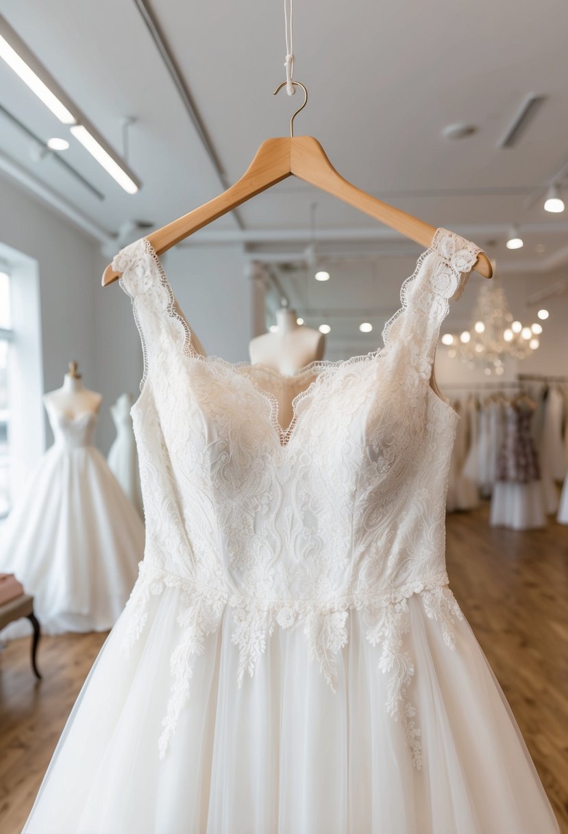 A wedding dress with a square neckline, adorned with lace and intricate details, hanging on a mannequin in a bright and spacious bridal boutique