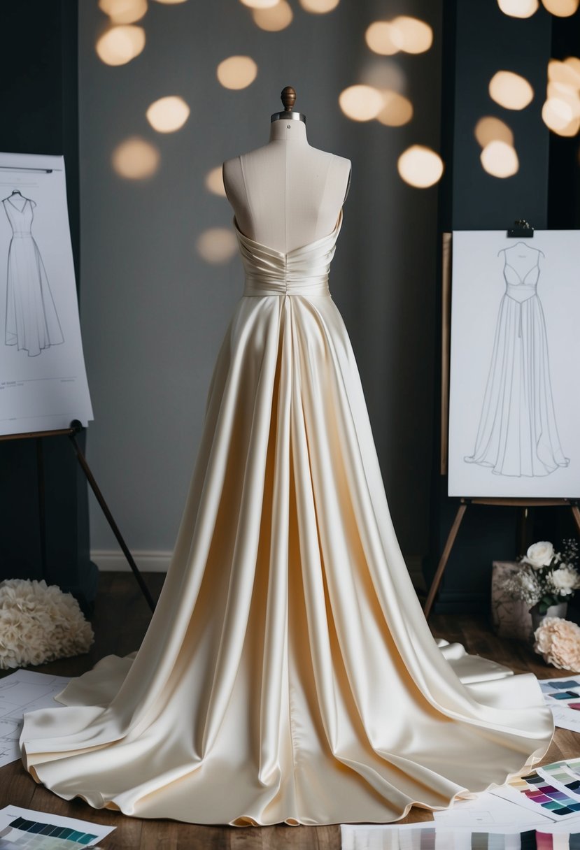 A flowing Mikado satin gown draped over a mannequin, surrounded by sketches and fabric swatches