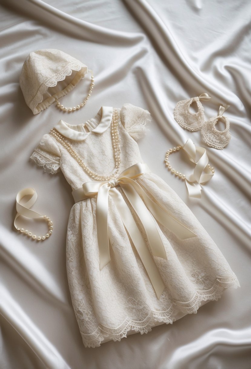 A vintage lace wedding dress transformed into a delicate baby outfit, adorned with tiny pearls and silk ribbons, laid out on a soft, white satin background