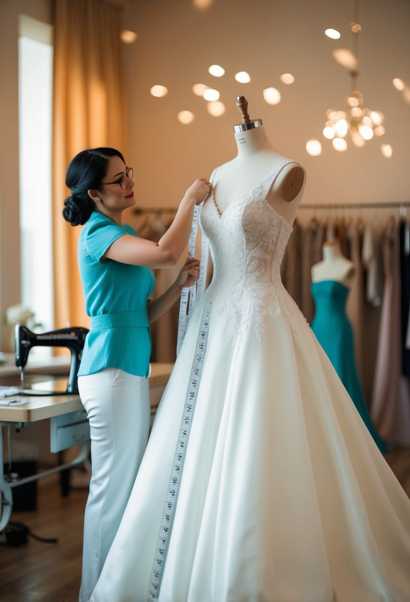 A seamstress measuring a large wedding gown on a mannequin