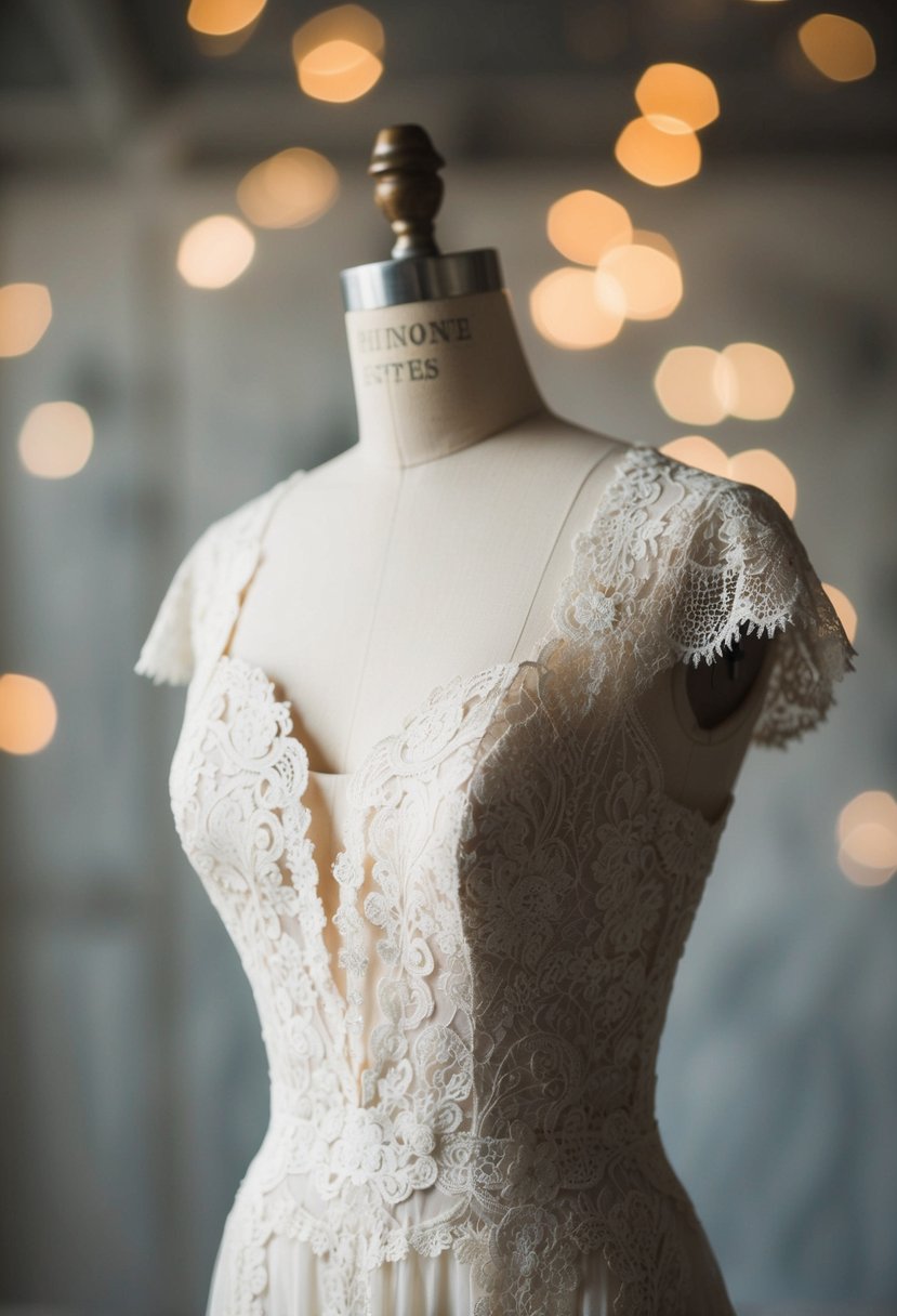 An antique lace wedding dress draped over a vintage mannequin