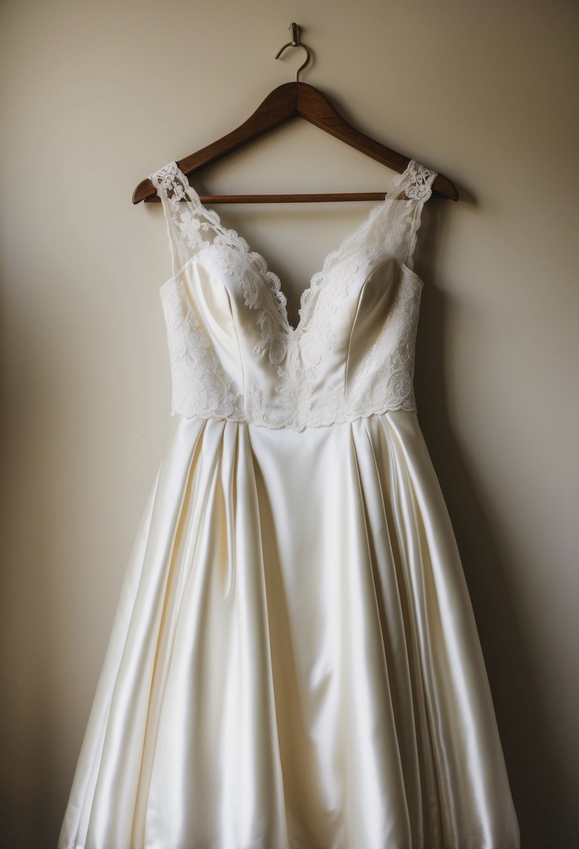 A vintage-inspired satin wedding dress with delicate lace details hangs on a rustic wooden hanger in a softly lit room