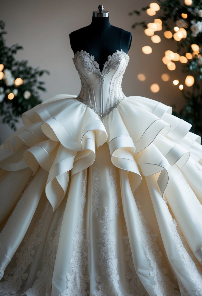 A grand, voluminous wedding dress with an internal corset for structure, adorned with intricate lace and delicate embellishments