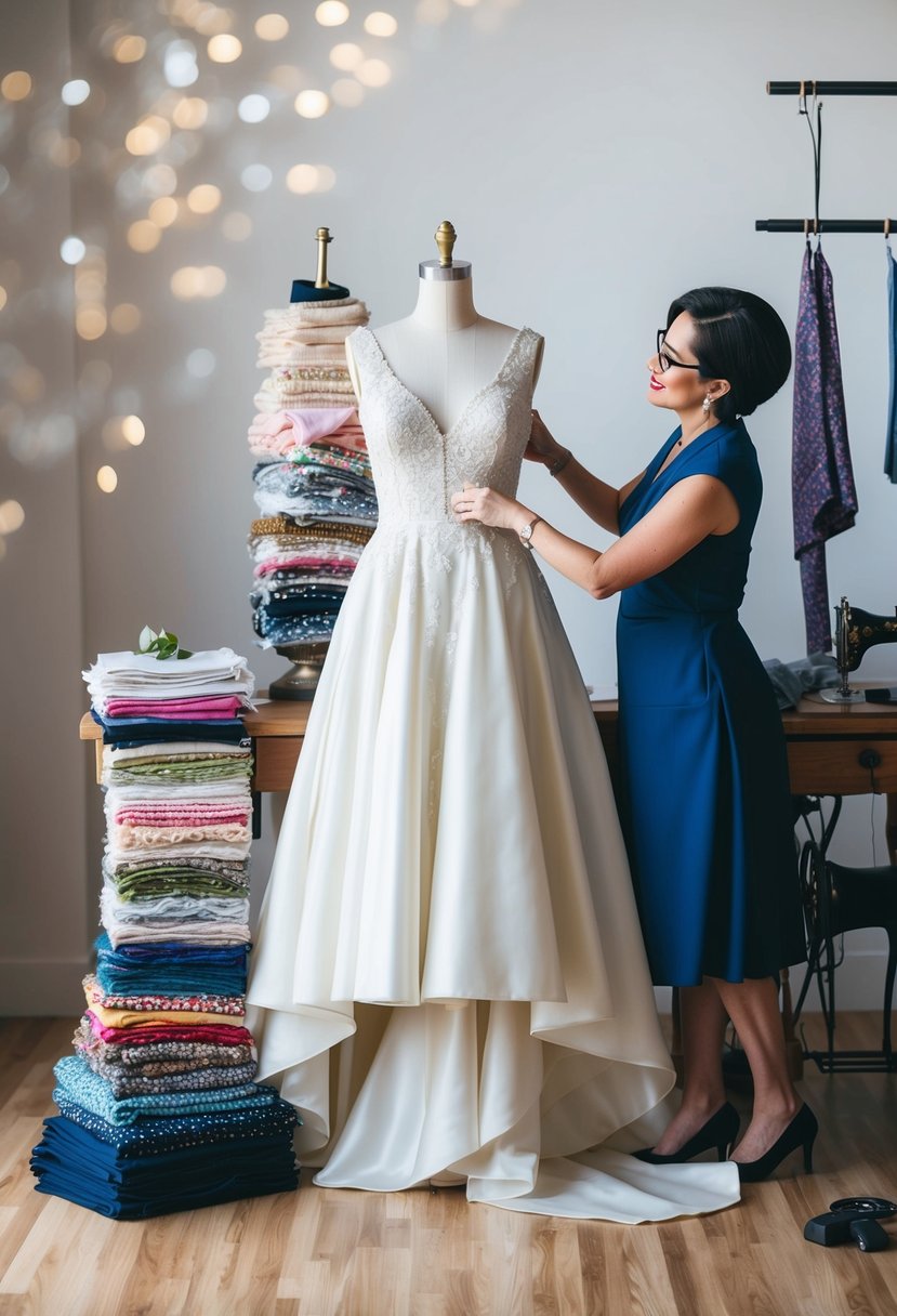 A seamstress transforms a vintage wedding gown into a modern cocktail dress, surrounded by fabric swatches and sewing tools