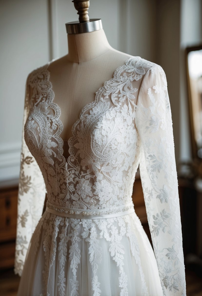 A long-sleeved lace wedding dress draped over a mannequin, with intricate details and a classic, elegant touch