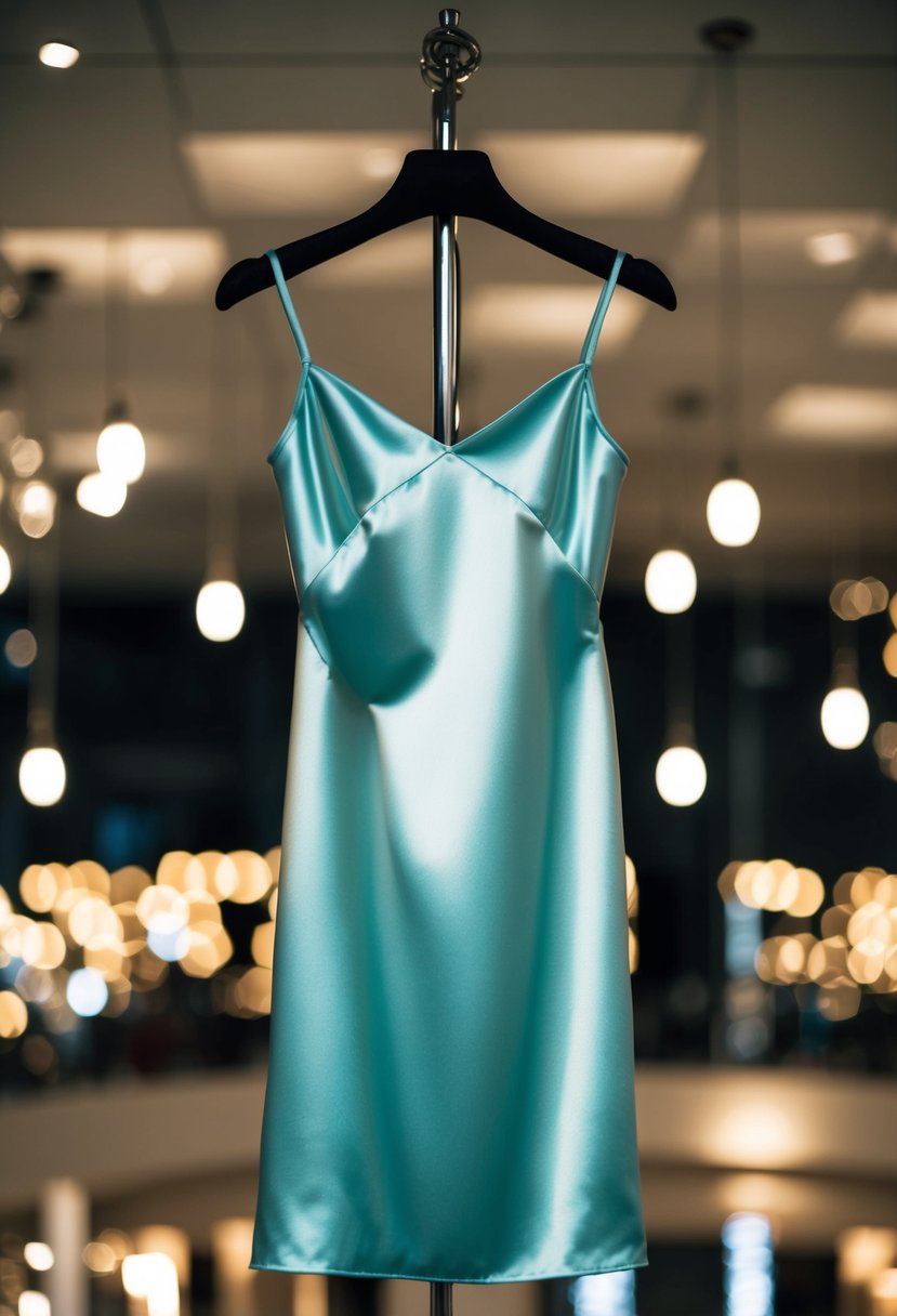 A simple satin slip dress hanging on a sleek mannequin