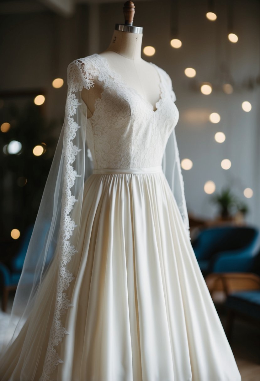 A lace-trimmed, off-white wedding dress draped over a vintage mannequin