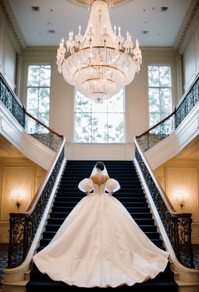 A grand ballroom with a sparkling chandelier, where a voluminous wedding dress with puffy sleeves cascades down a grand staircase