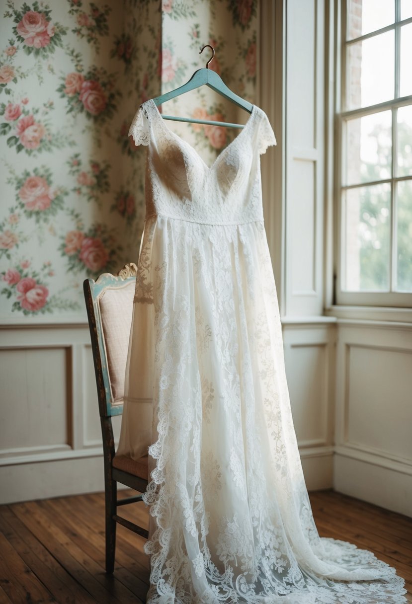 A vintage lace wedding dress draped over a weathered wooden chair in a sunlit room with floral wallpaper