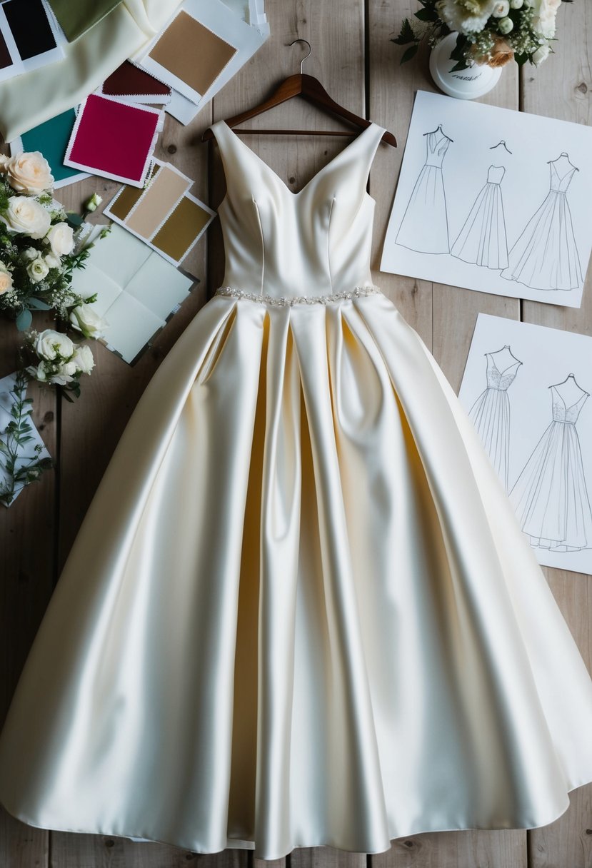 A satin ball gown with pockets hangs on a dress form, surrounded by swatches of fabric and sketches of wedding dress ideas