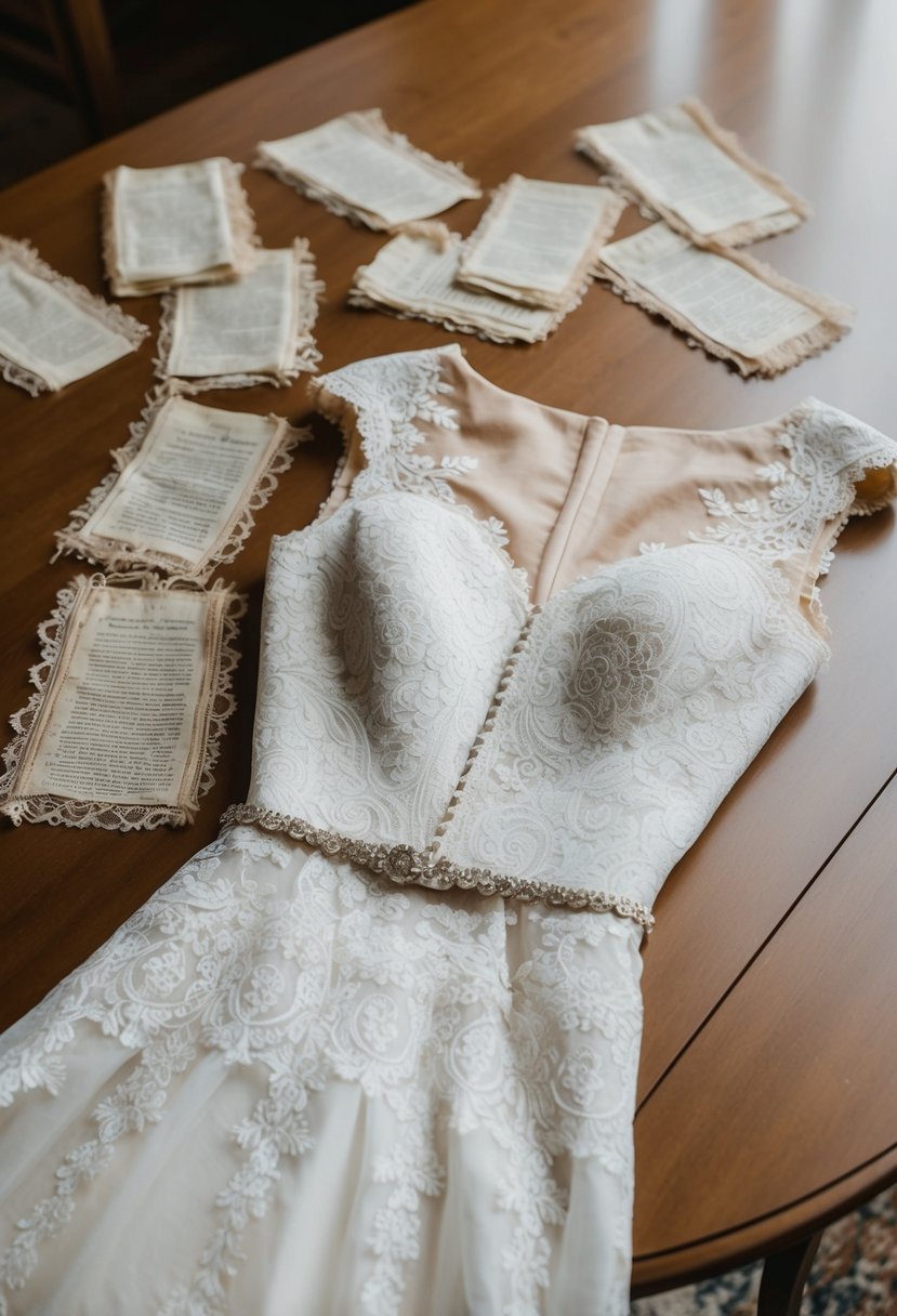 A vintage lace wedding dress draped over a table, with delicate fabric bookmarks scattered around it