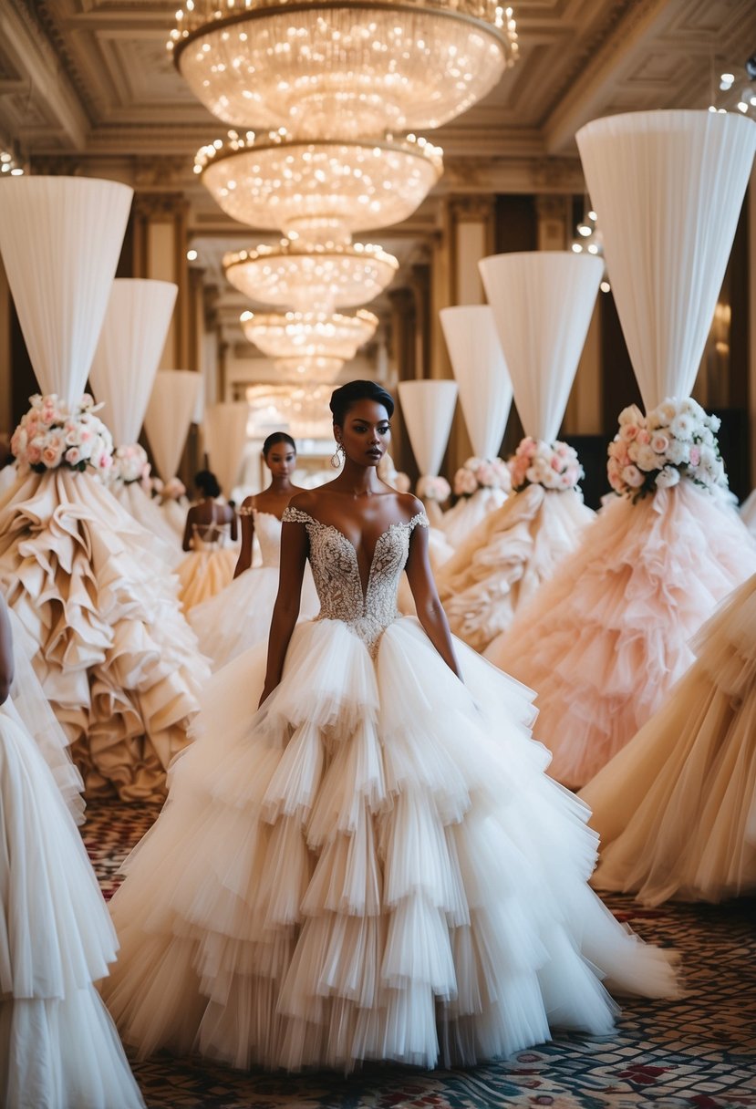 A grand ballroom filled with cascading layers of tulle and silk, showcasing voluminous skirts of various lengths and textures, creating a dramatic display of big wedding dress ideas