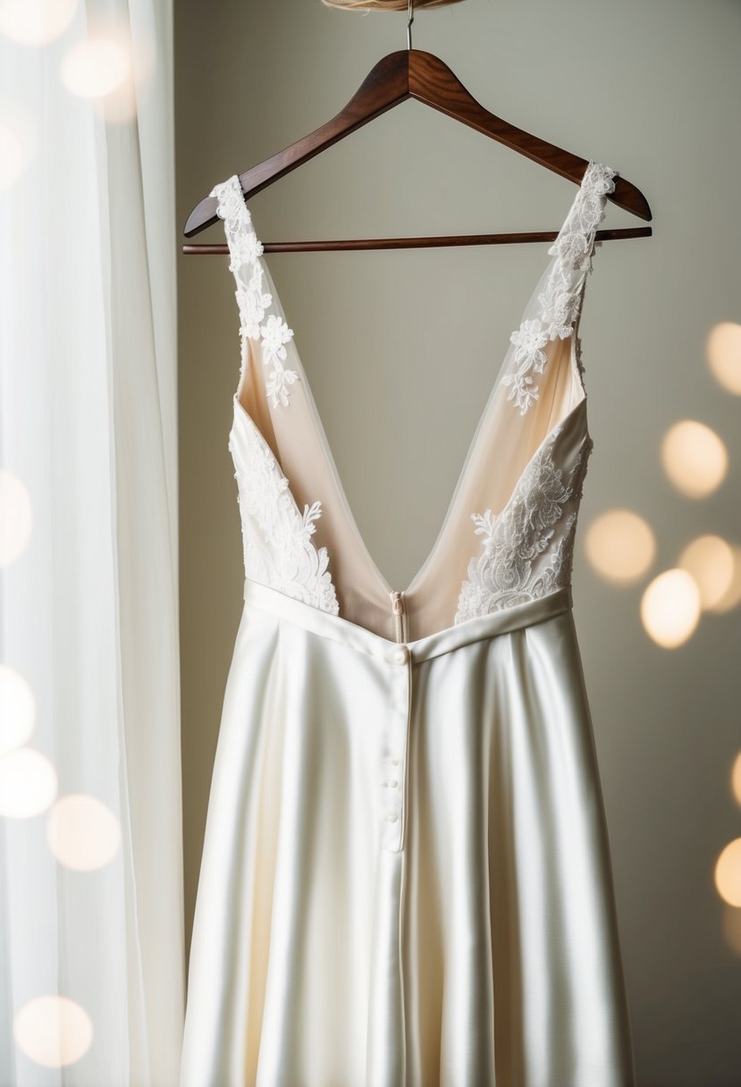 A satin wedding dress with an illusion back, hanging on a vintage-inspired wooden hanger against a soft, dreamy background