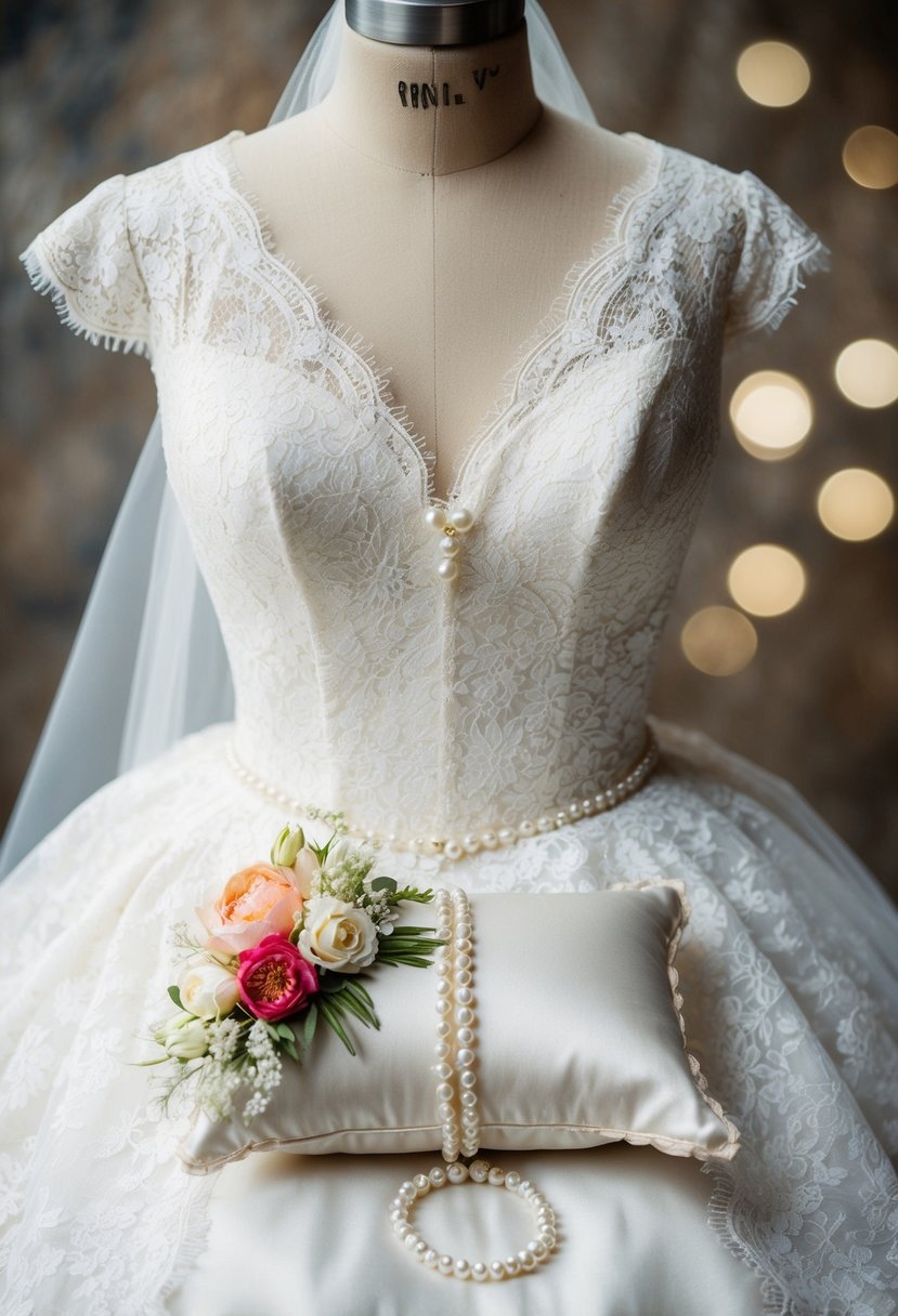 A vintage lace wedding dress draped over a delicate ring bearer's pillow adorned with silk flowers and pearls