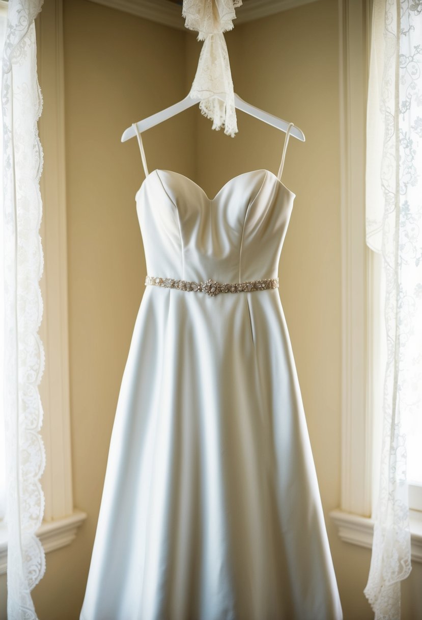 A satin wedding dress with a beaded belt hangs on a vintage-inspired dress form, surrounded by soft lighting and delicate lace details