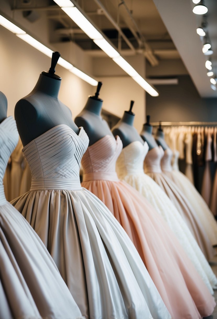 A row of mannequins in a bridal boutique, each adorned with a voluminous gown featuring structured tops for comfort