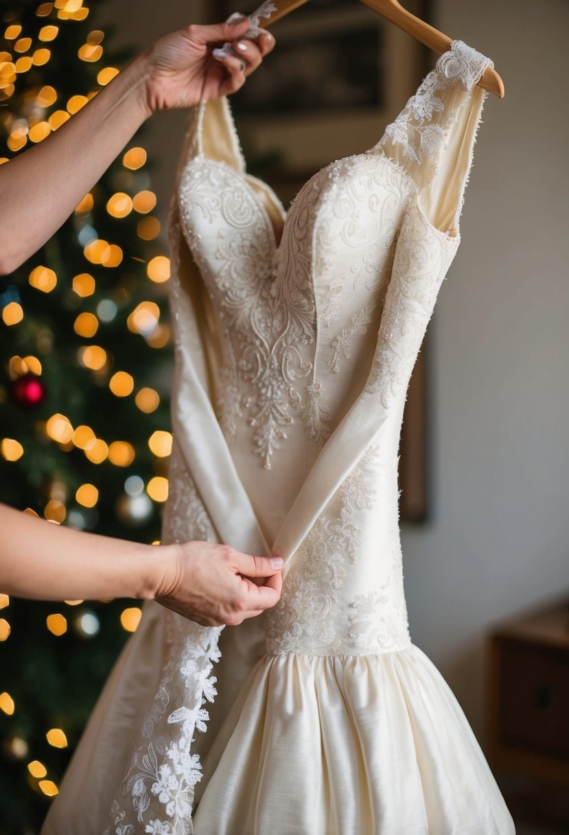 A vintage wedding dress being cut and sewn into a festive holiday stocking