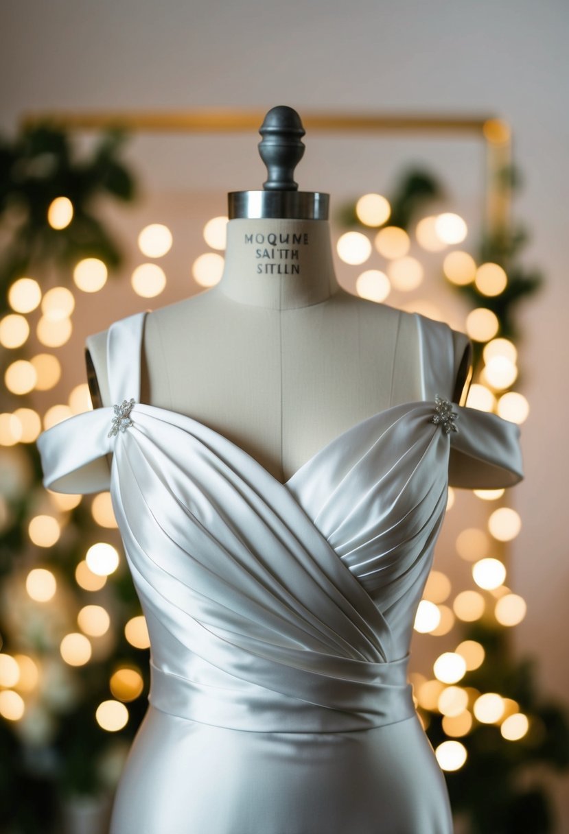 A silk satin wedding dress with off-shoulder straps, draped elegantly on a mannequin