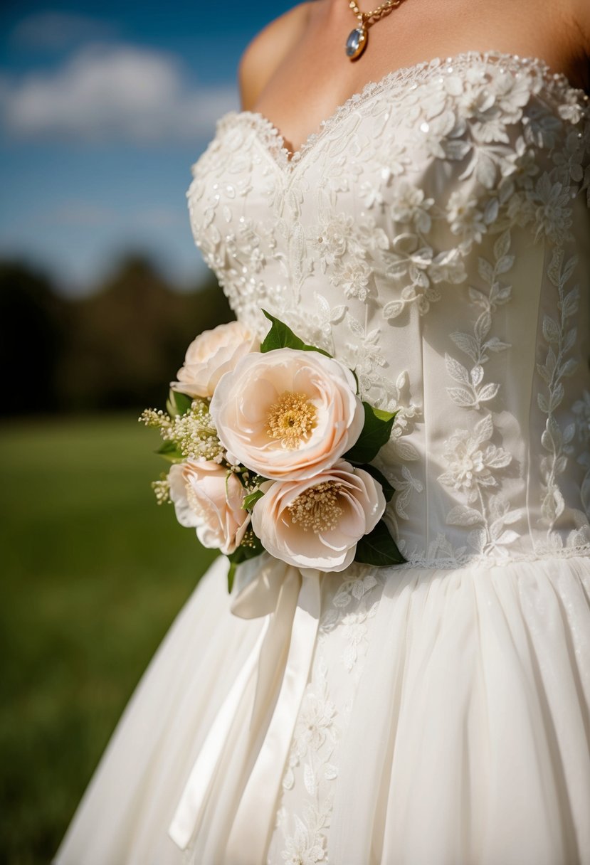 A vintage wedding dress adorned with delicate fabric flowers