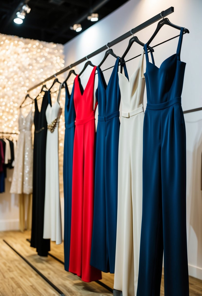 A row of modern separates and jumpsuits on display at a big wedding dress exhibit