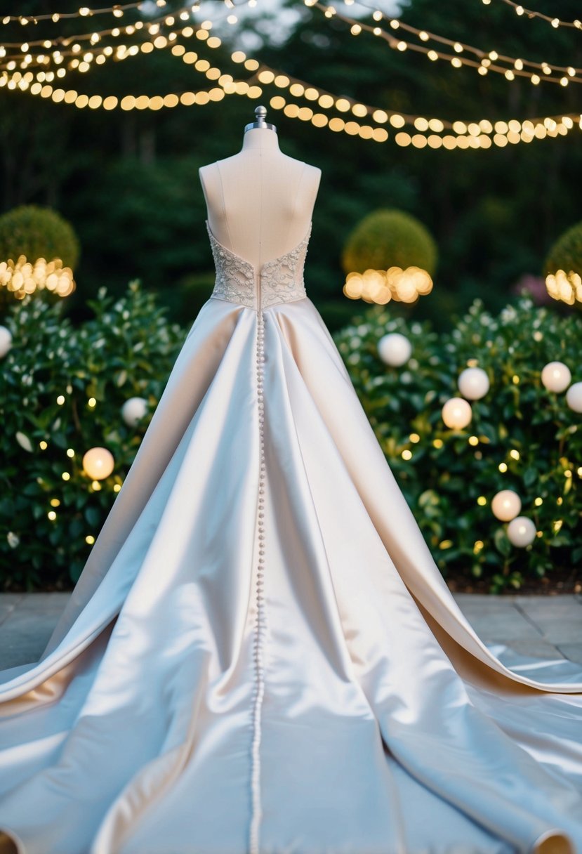 A satin gown with a dramatic train flowing behind, set against a romantic backdrop of twinkling lights and lush greenery