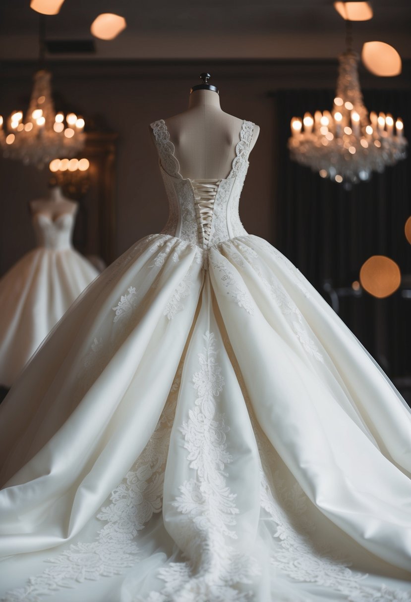 A voluminous wedding dress with a corset back, cascading fabric, and intricate lace details