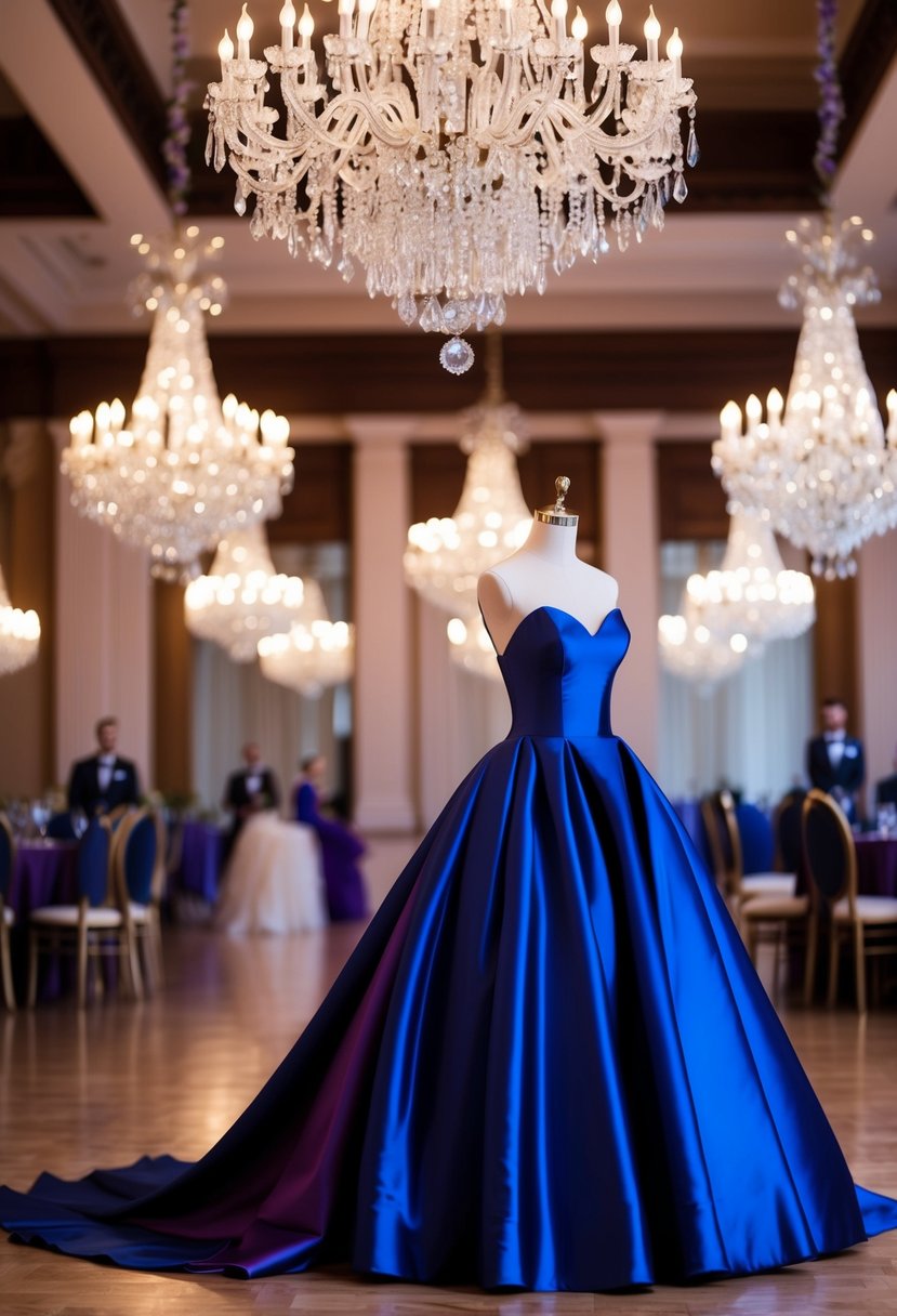 A grand ballroom adorned with crystal chandeliers, showcasing a luxurious satin wedding dress in regal shades of royal blue and duchess purple