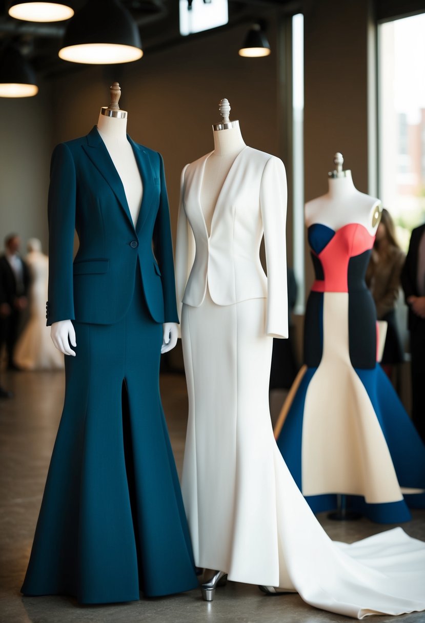 A bride wearing a tailored suit with a long train, standing next to a mannequin displaying a bold and unconventional wedding dress design