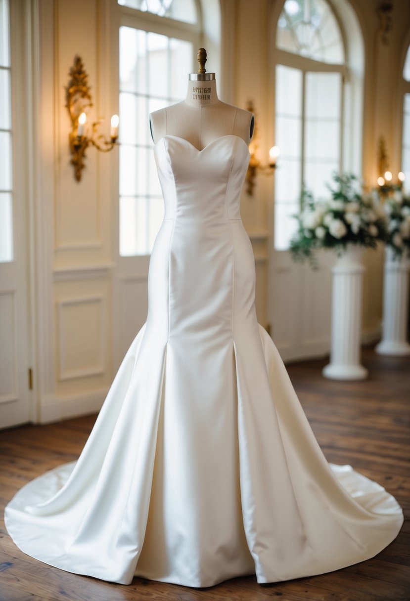 An elegant satin fit and flare wedding dress displayed on a vintage mannequin in a softly lit, ornate setting