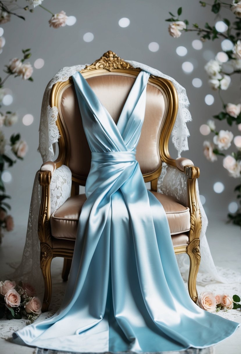 A satin wrap dress drapes over a luxurious chair, surrounded by delicate lace and floral accents