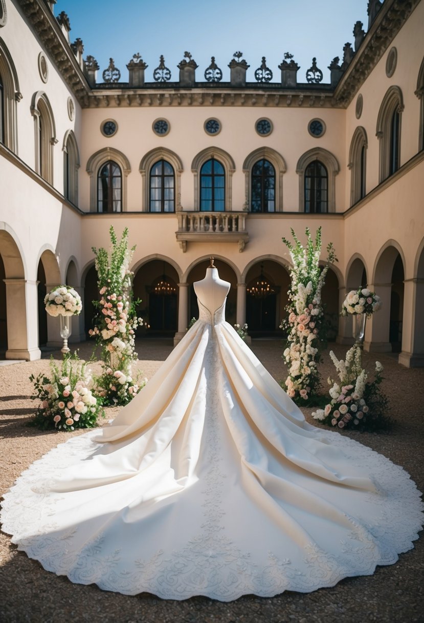 A grand, ornate castle courtyard with a flowing, extravagant wedding dress displayed on a mannequin. Flowers and elegant decor adorn the surroundings