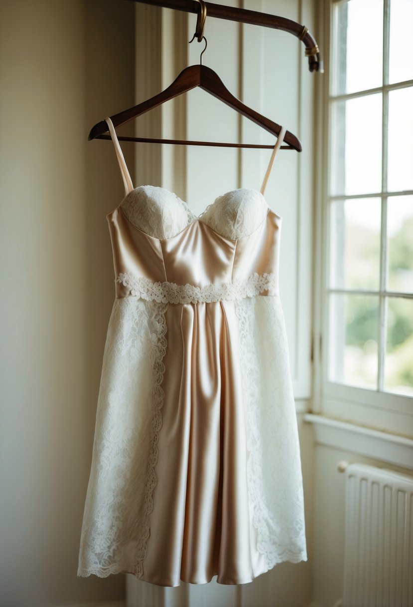 A satin dress with a lace overlay hangs on a vintage wooden hanger, bathed in soft natural light from a nearby window