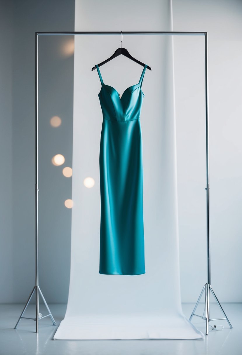 A sleek satin column dress hangs on a minimalist backdrop, with soft lighting highlighting its elegant silhouette