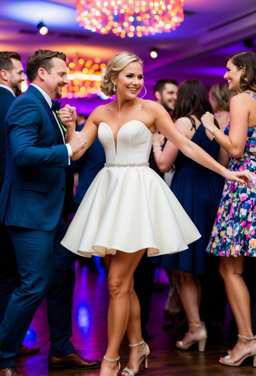 A bride in a short, modern wedding dress dances with guests at a lively after-party, surrounded by colorful decorations and twinkling lights