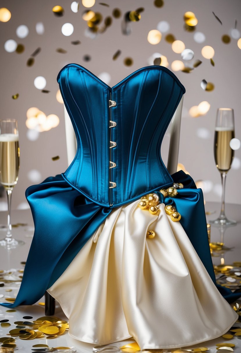 A sleek satin corset mini dress draped over a chair, surrounded by scattered confetti and empty champagne glasses