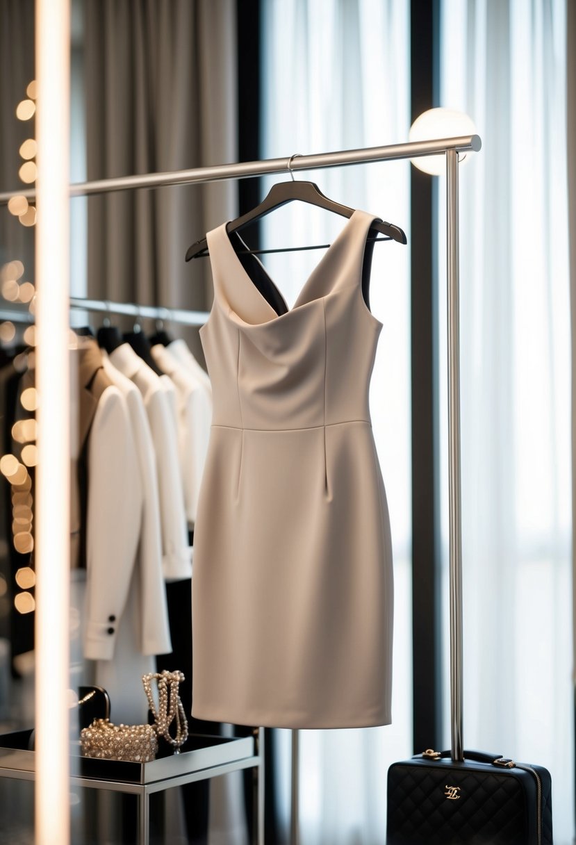 A sleek Liliane Suiting Mini Dress hanging on a modern clothing rack, surrounded by elegant accessories and soft lighting