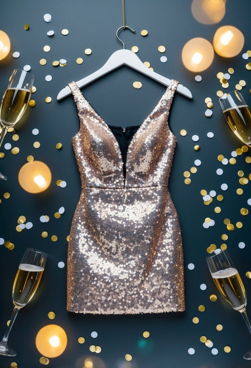 A glittering sequin mini dress hangs on a hanger, surrounded by scattered confetti and empty champagne glasses