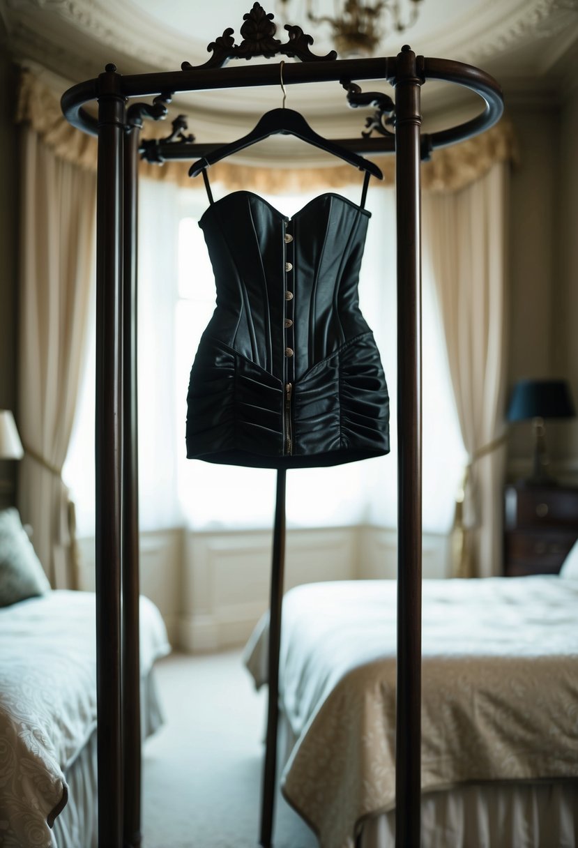 A sleek, black corset mini dress hangs on a vintage coat rack in a dimly lit, ornate bedroom