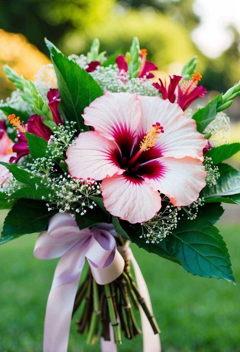 A vibrant hibiscus bouquet with lush greenery and delicate baby's breath, tied with a flowing ribbon