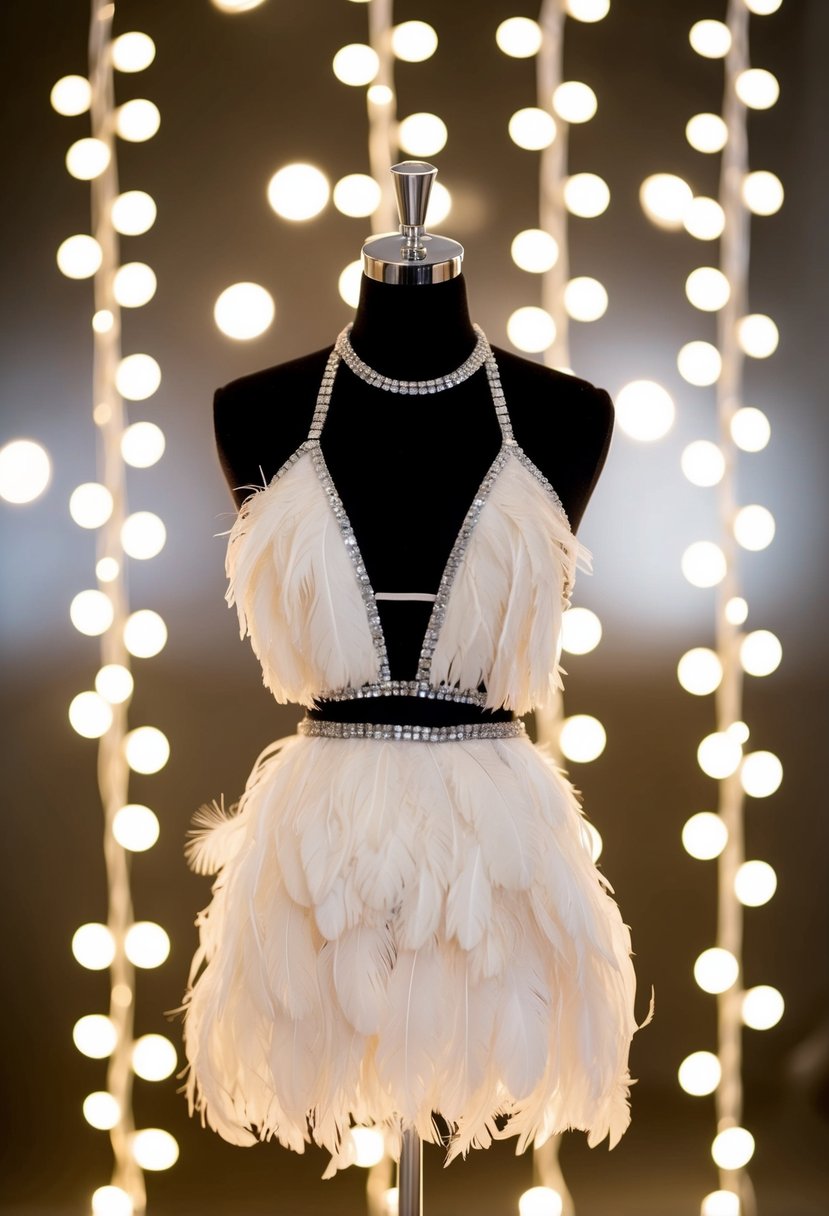 A feather-halter mini dress hangs on a mannequin, surrounded by sparkling lights and champagne glasses