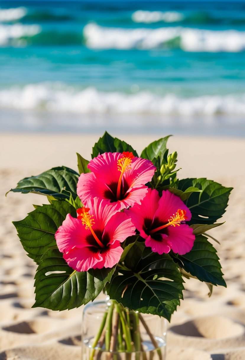 A vibrant Hawaiian hibiscus bouquet with lush green foliage, set against a backdrop of a sandy beach and crystal-clear ocean waves